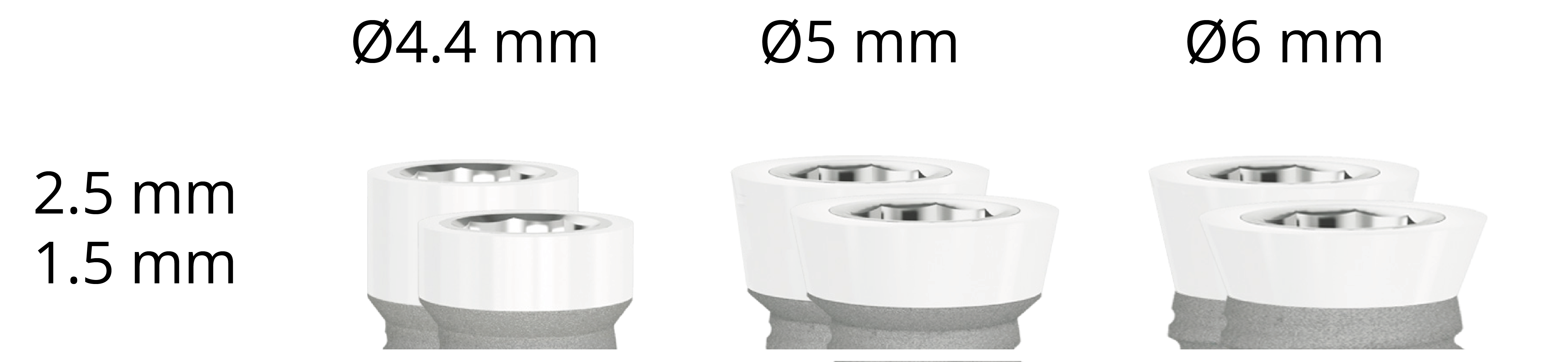 Z1 zirconia collar — Ø4.4 / Ø5 / Ø6 mm diameters × 1.5 / 2.5 mm heights